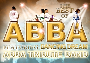 promotional image for ABBA tribute band Dancing Dream. 4 band members posed atop golden letters ABBA