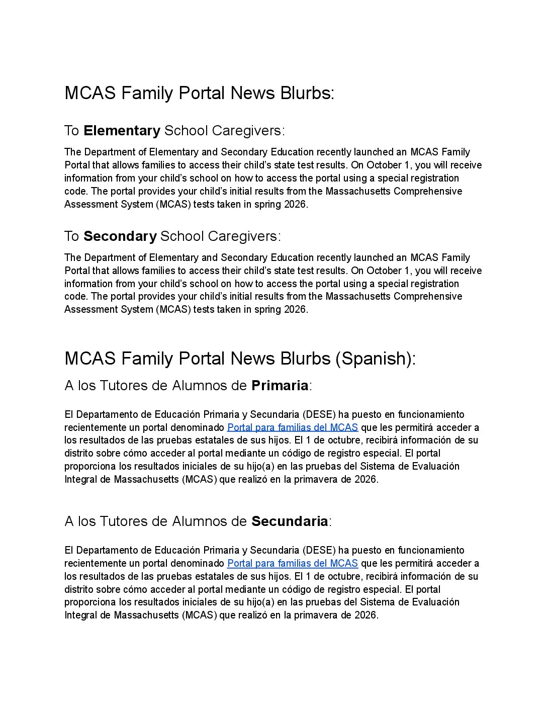 MCAS Family Portal 